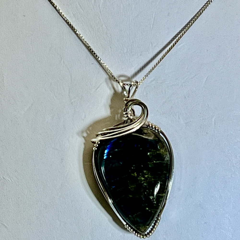 Blue and Sterling Silver Labradorite Necklace with Intricate Wire Wrap - Picture 2 of 4